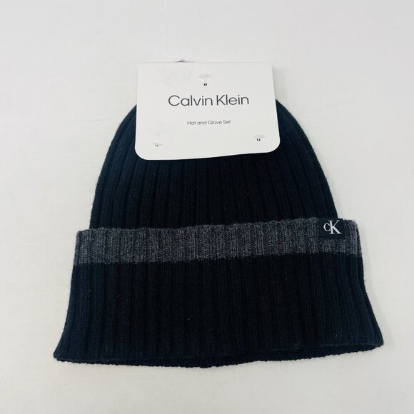 Calvin Klein Womens One Size Fits Most Ribbed Cuffed Sweater Knit Hat in Black - Picture 1 of 5